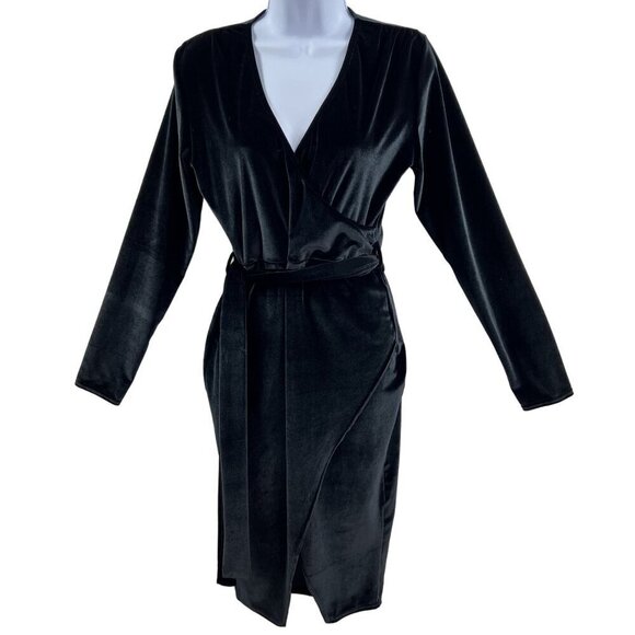 NWT Nasty Gal Black Velvet Long Sleeve Wrap Dress 8 Chic Witchy Business Career - Picture 1 of 16